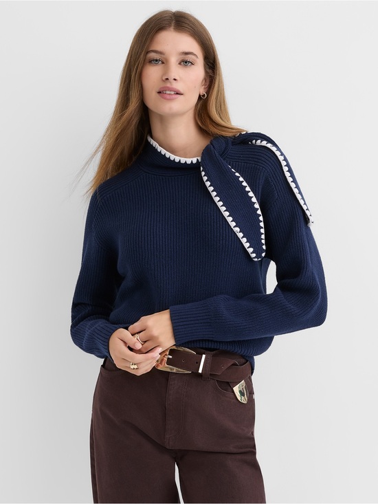 LOFT Sweaters - LOFT Navy Ribbed Cowl Sweater with Scallop Trim Tie